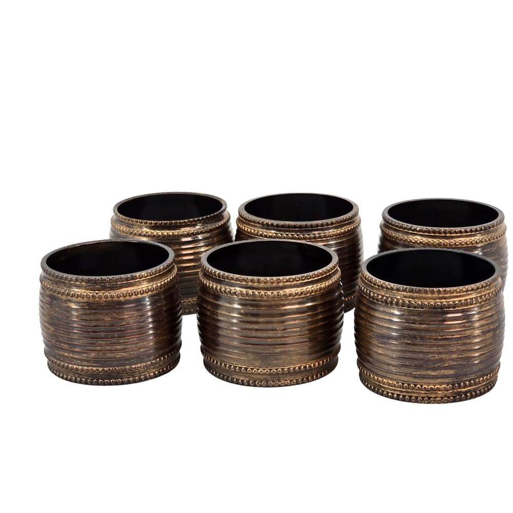 Set of 6 Bronze Tone Ribbed Napkin Rings Beaded Edge Industrial Farmhouse Style